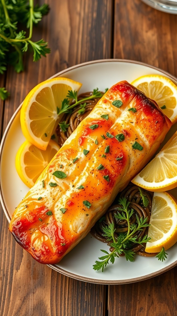 Air fryer salmon fillet garnished with herbs and lemon on a rustic wooden table.